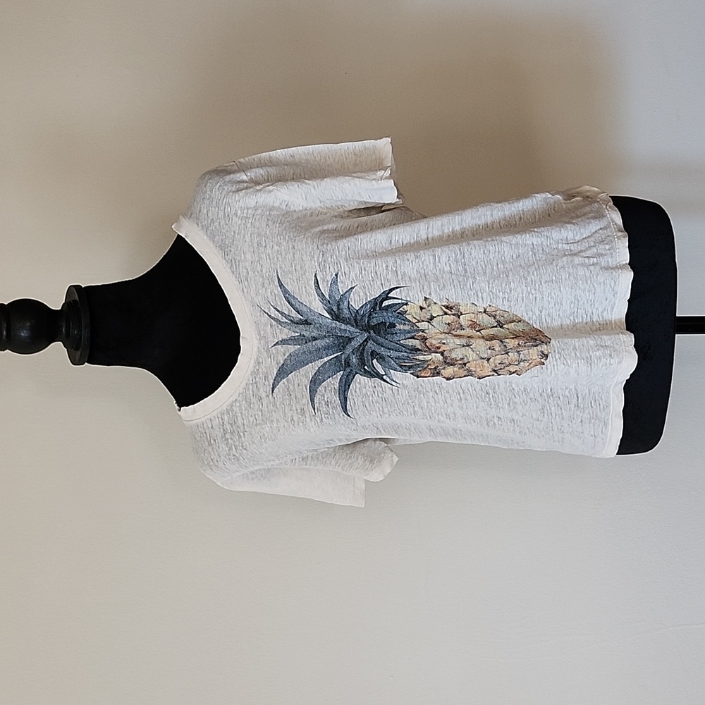 H&M Pineapple Graphic Linen Blend Cream T-Shirt Top Retro Women’s Size Small